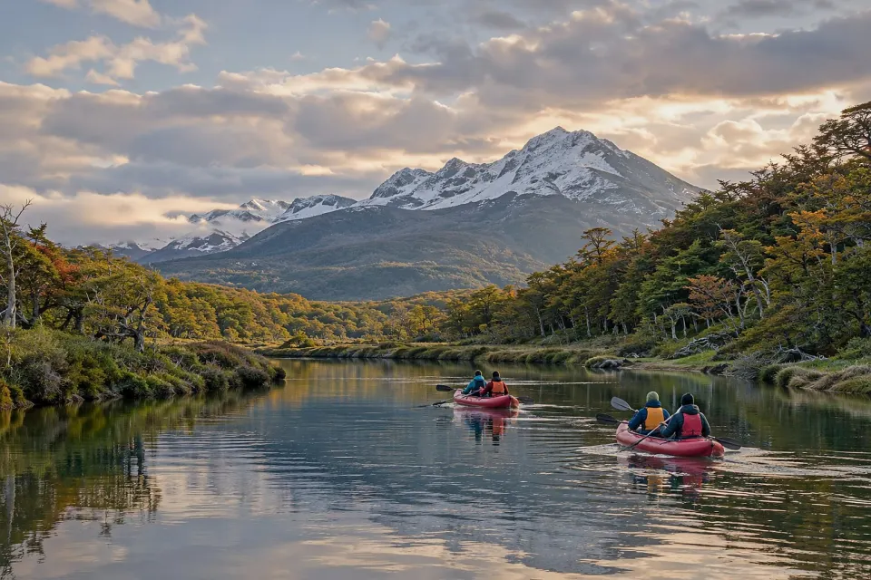 Dos canoas inflables rojas con remeros de chaleco salvavidas en un río calmo entre bosques de otoño, con una montaña nevada al fondo