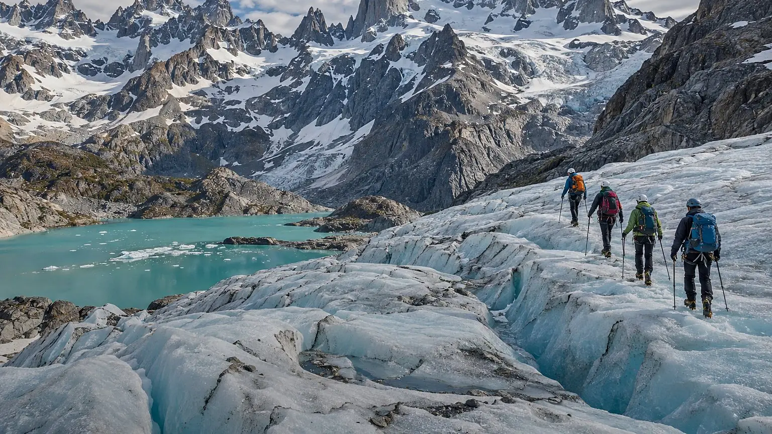 Cuatro personas con casco, crampones y bastones caminan sobre el hielo de un glaciar, junto a una laguna turquesa y picos nevados
