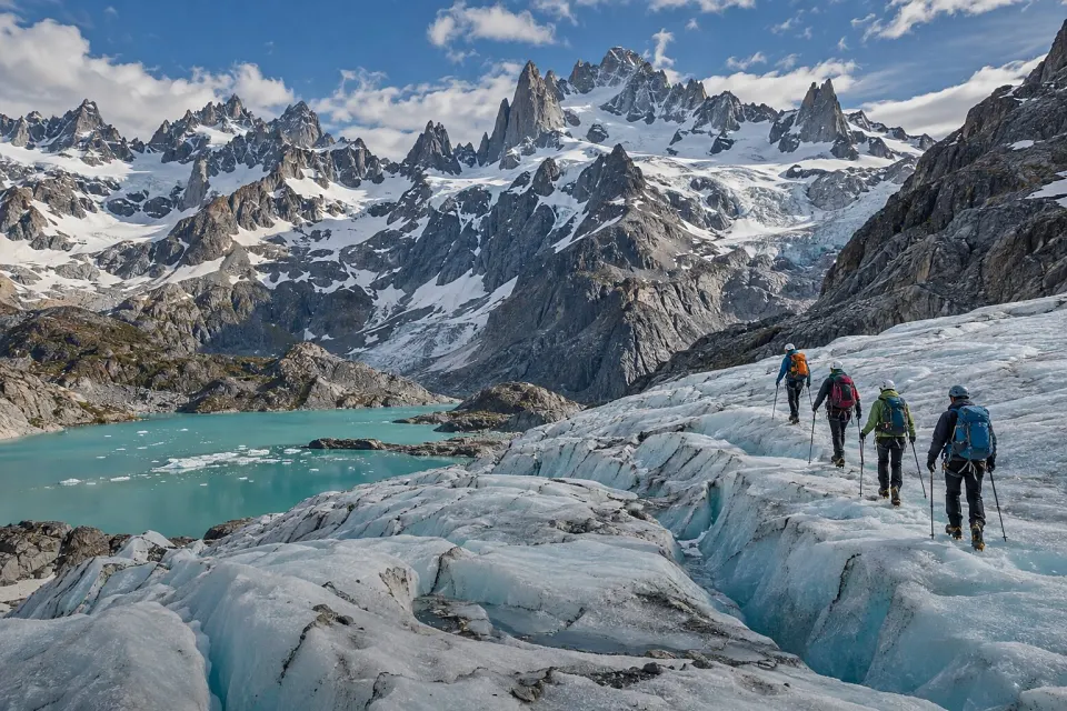Cuatro personas con casco, crampones y bastones caminan sobre el hielo de un glaciar, junto a una laguna turquesa y picos nevados