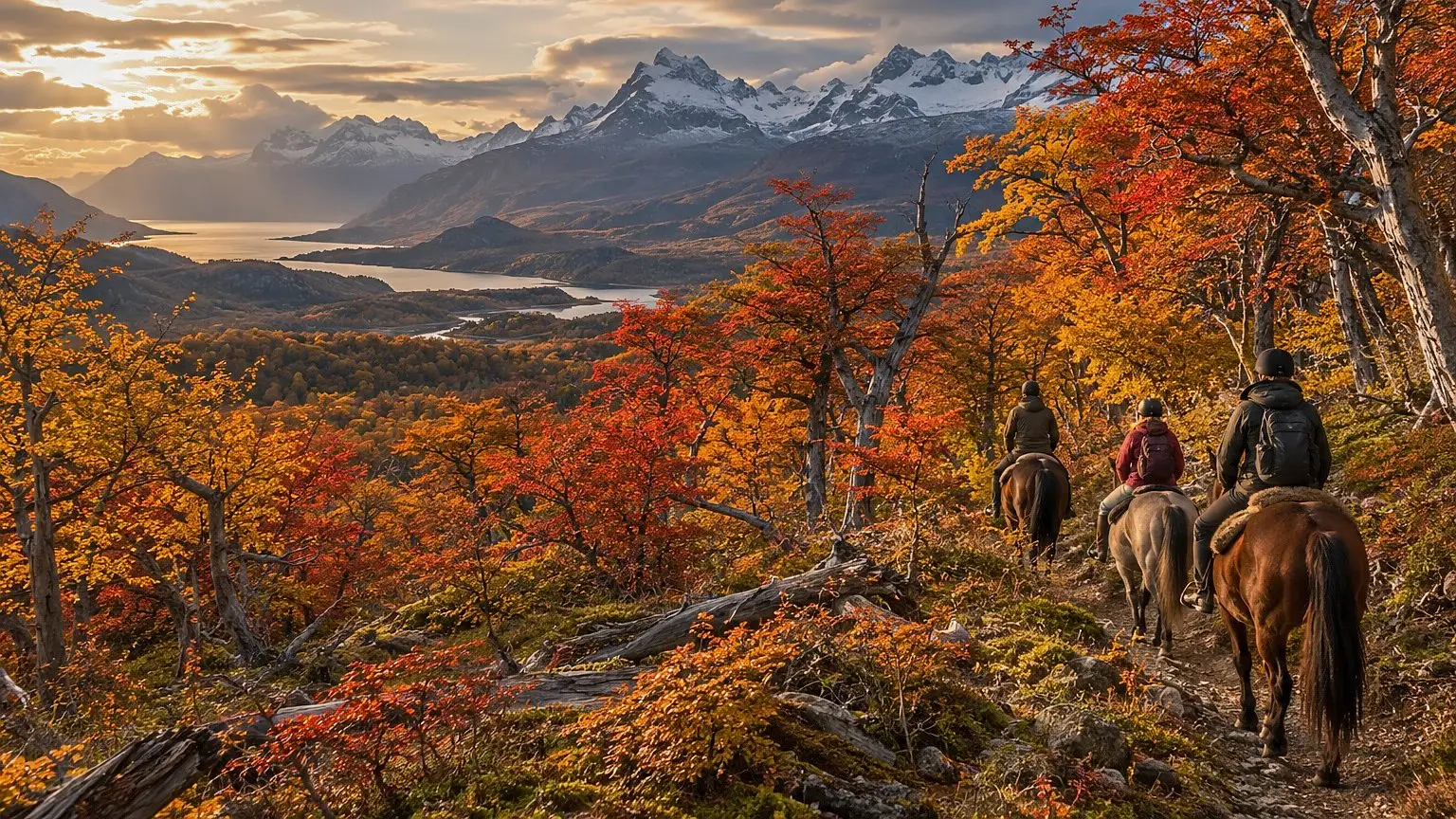 Tres jinetes por un sendero entre árboles de otoño rojos y dorados, con montañas nevadas y un canal al fondo