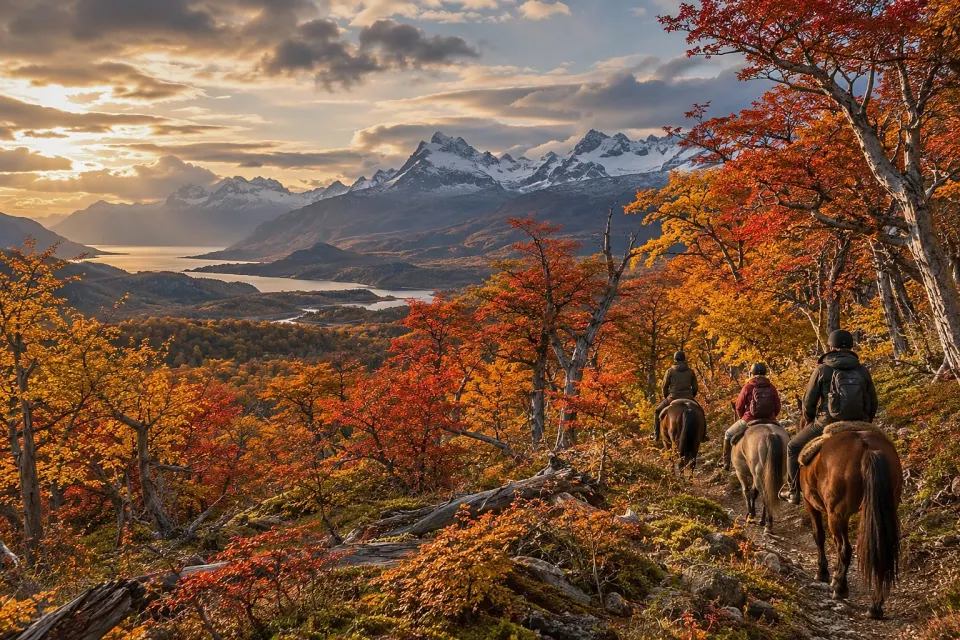 Tres jinetes por un sendero entre árboles de otoño rojos y dorados, con montañas nevadas y un canal al fondo