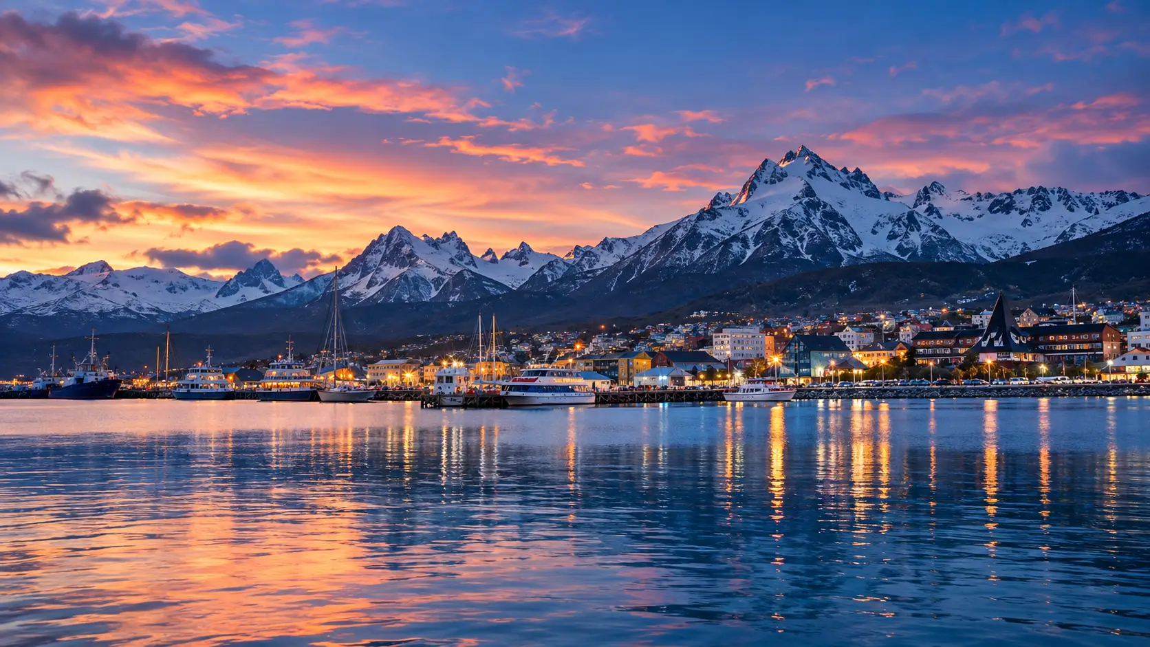 La bahía de Ushuaia al atardecer: barcos en el muelle, las luces de la ciudad y la cordillera nevada detrás